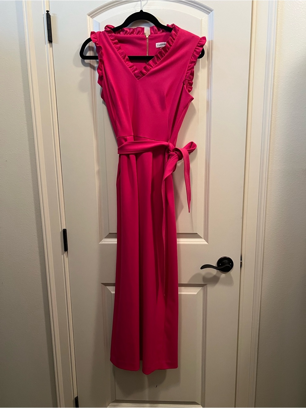 Calvin Klein Hot Pink Ruffle V-Neck Jumpsuit with Tie Waist